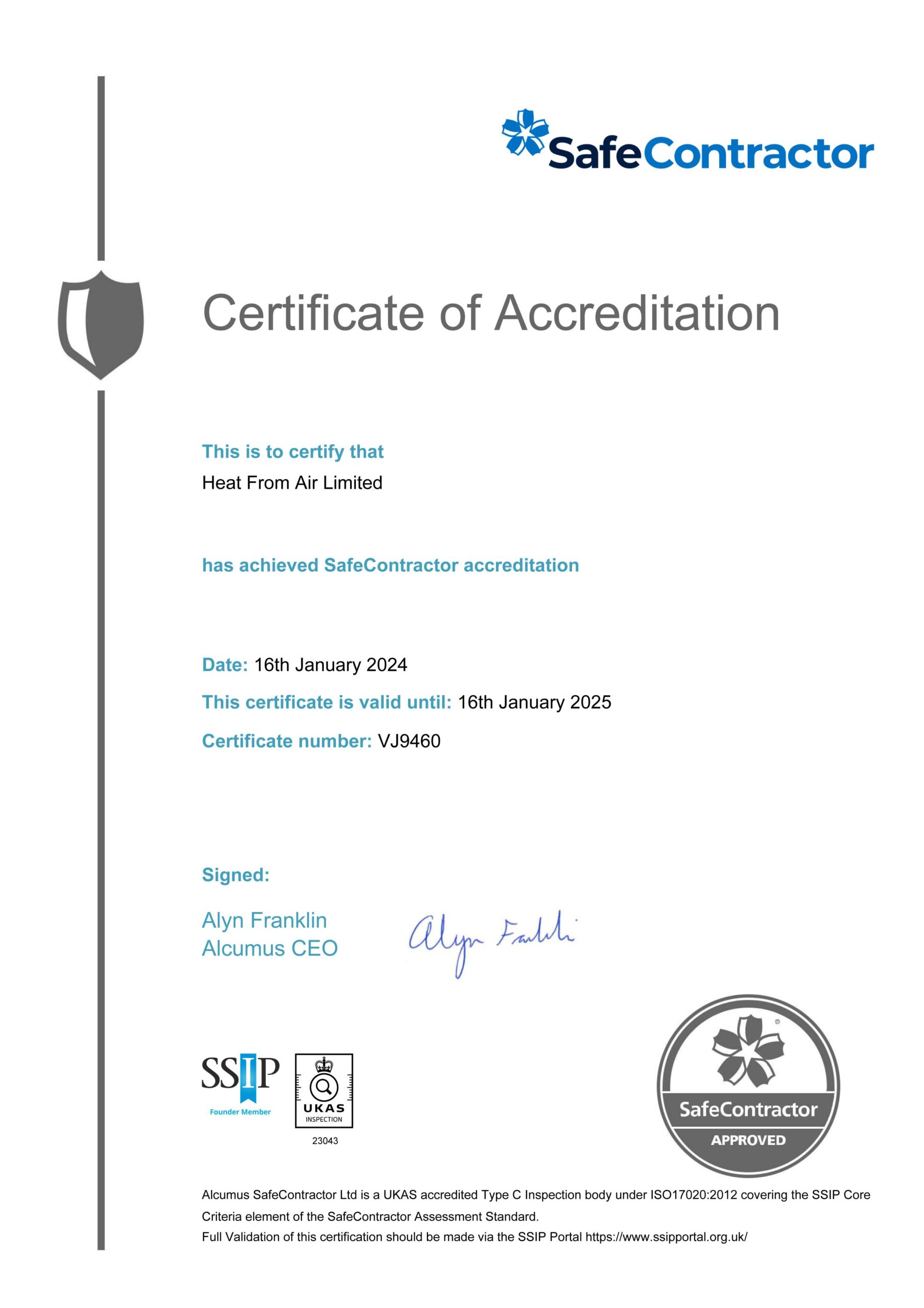SafeContractor certification - Heat From Air